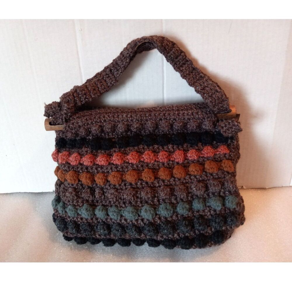 Vtg Macrame Purse Boho Style Handbag Floral Lining Handmade by Mary Fenne 1970s